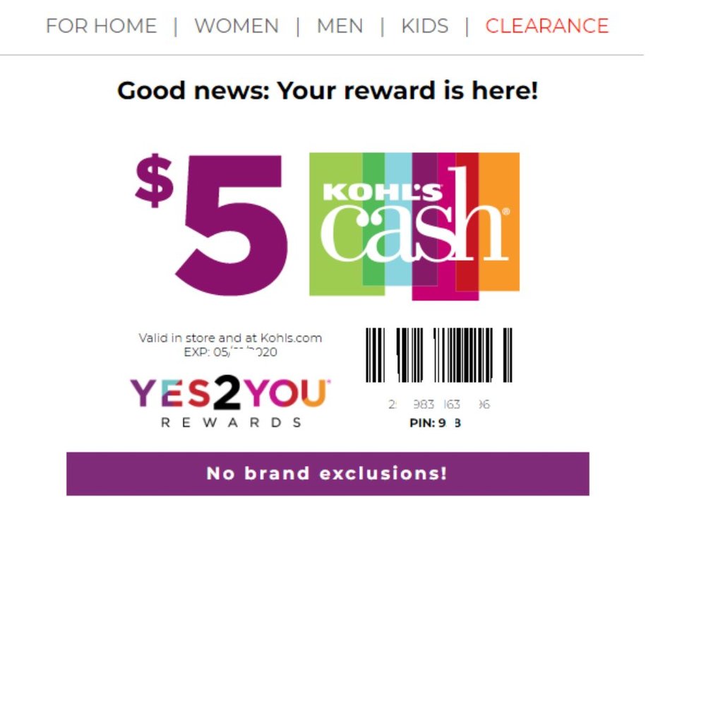 Kohls Cash Rewards 5X$5 Total $25 FREE SHIPPING